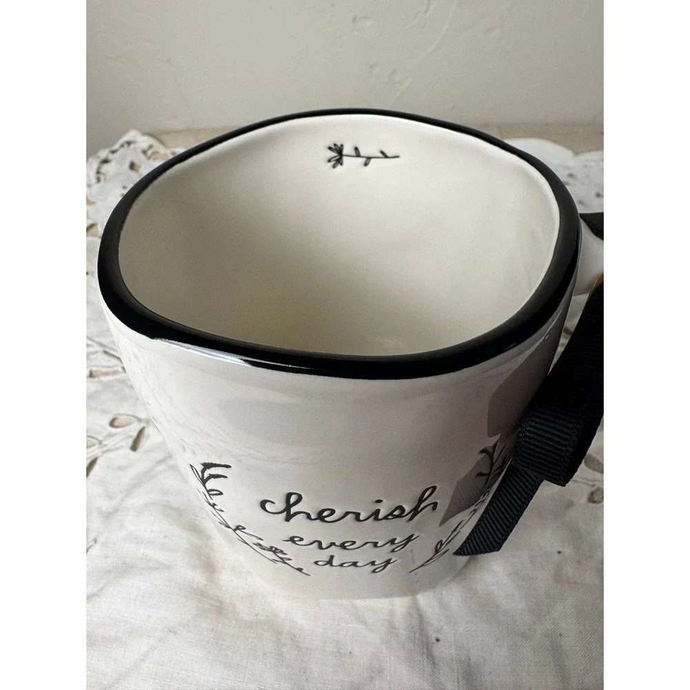 Rae Dunn CHERISH EVERY DAY mug white w/ black pinstripe & flowers